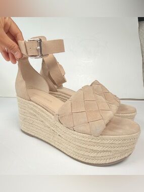 Marc Fisher Tan Woven Suede Espadrille Wedge Sandals